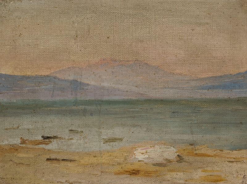 O Mar da Galileia óleo de Jan Ciągliński mostrando reflexos do pôr do sol na água.