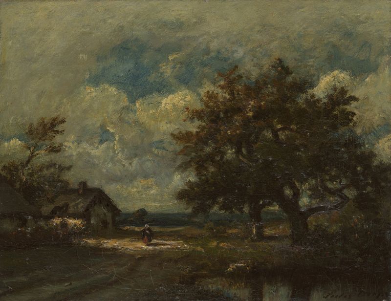 Pintura a óleo de paisagem de Jules Dupré de uma cabana à beira da estrada sob um céu tempestuoso.