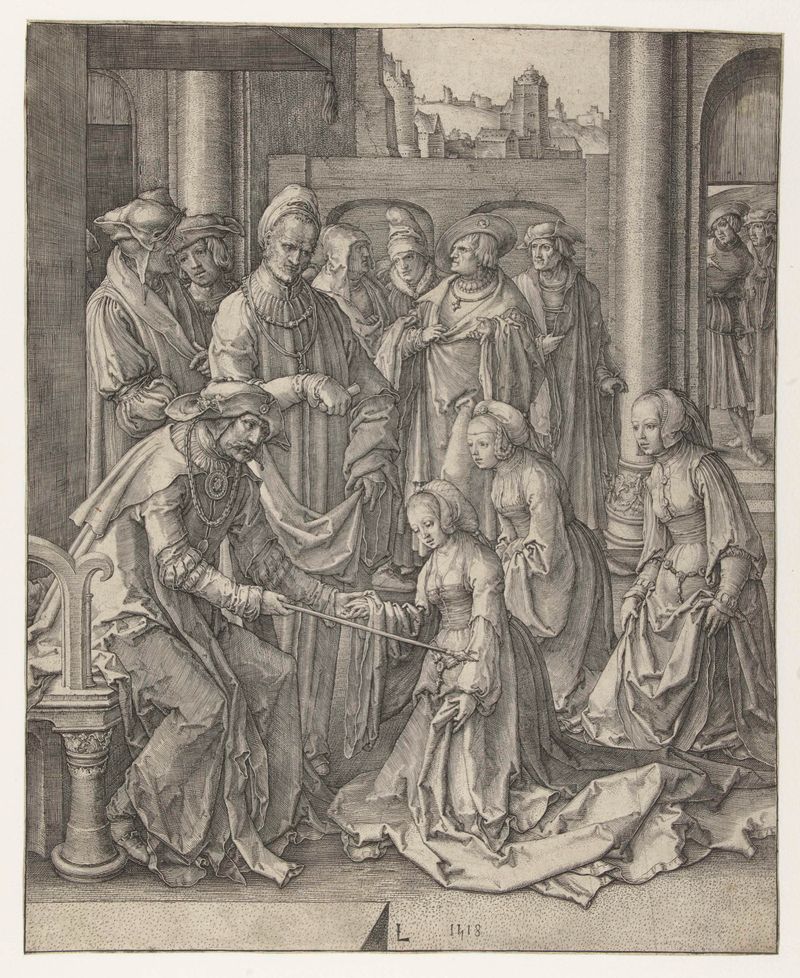 Grabado de Lucas van Leyden de Esther arrodillada ante Ahasverus, destacando su vestido y emociones.