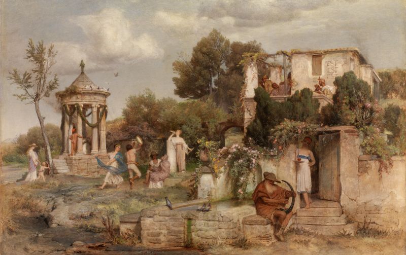 Taverna romana de Arnold Böcklin, óleo sobre tela, retratando um interior acolhedor de taverna com figuras.