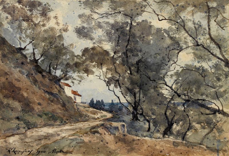 Pintura a óleo de Henri-Joseph Harpignies com colinas e um céu brilhante