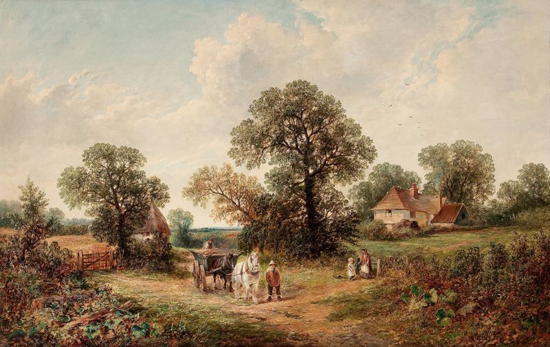 Sussex Landscape by James Edwin Meadows, oil on canvas depicting a rural scene with a hay cart and rolling hills.