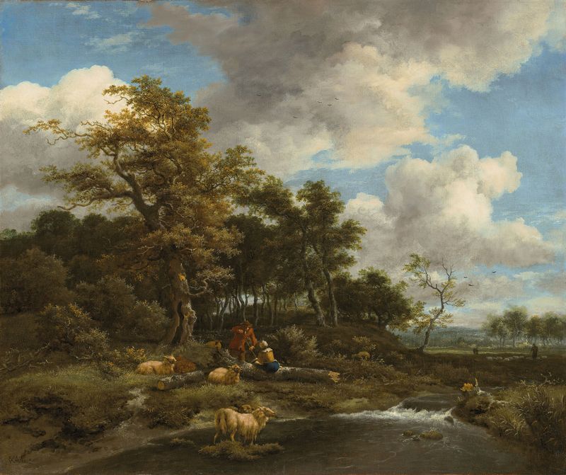 Paisaje fluvial boscoso con pastores y su rebaño, óleo sobre lienzo de Jacob van Ruisdael.