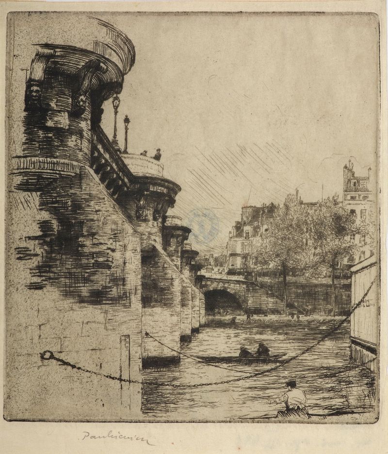 Pont Neuf em Paris por Józef Pankiewicz, óleo sobre tela que mostra uma cena vibrante à beira do rio