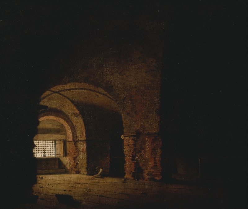 El Prisionero de Joseph Wright de Derby, óleo que muestra a un hombre solitario en contemplación.
