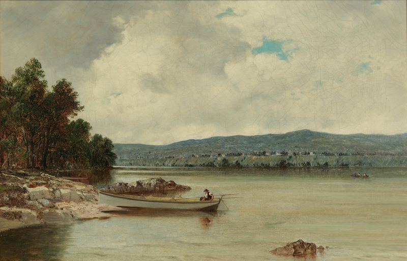 Landing The Dory by David Johnson, realism, depicting a dory on water illuminated by golden light