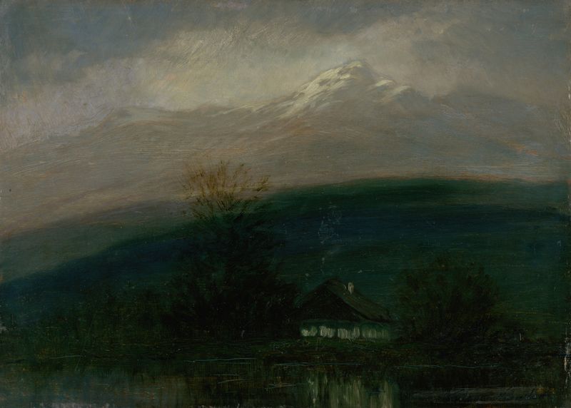 The Tatra Mountain in the Night de Ferdinand Katona, pintura al óleo que muestra montañas bajo la luz de la luna.