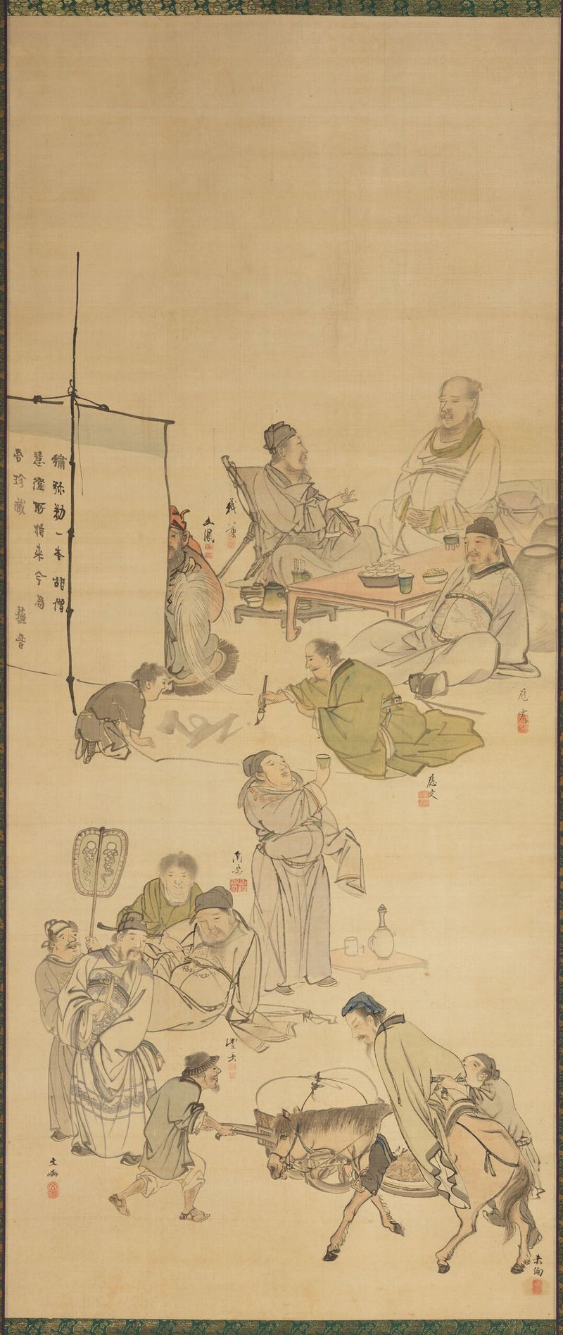 Eight Immortals of the Wine Cup de Maruyama Ōshin, obra em seda que retrata figuras coloridas celebrando com vinho.