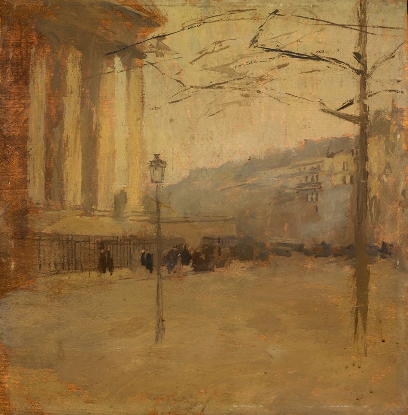 Pintura abstracta al óleo de Frank Edwin Scott con colores vibrantes y matices dinámicos.