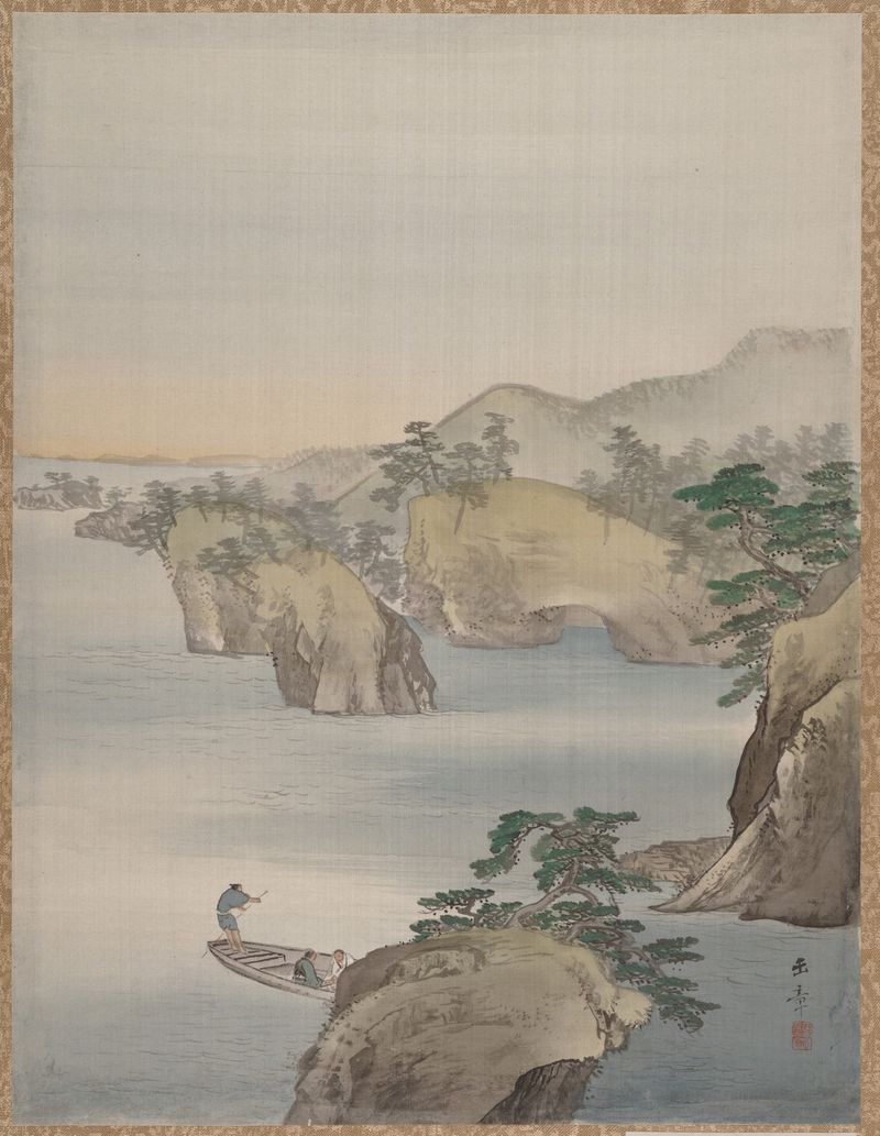 River Scene with Rocky Hills in Background, ink on silk by Kawabata Gyokushō