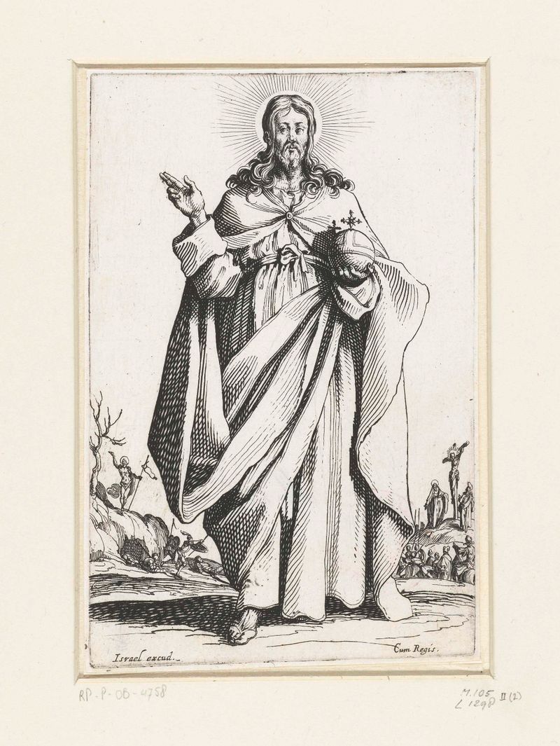 Cristo como Salvator Mundi, gravura de Jacques Callot, iluminado por uma luz suave.
