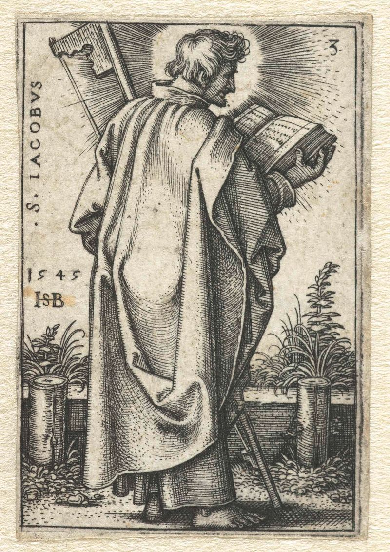 Gravura de Jakobus de Mindere por Hans Sebald Beham representando um santo em vestes sombrias