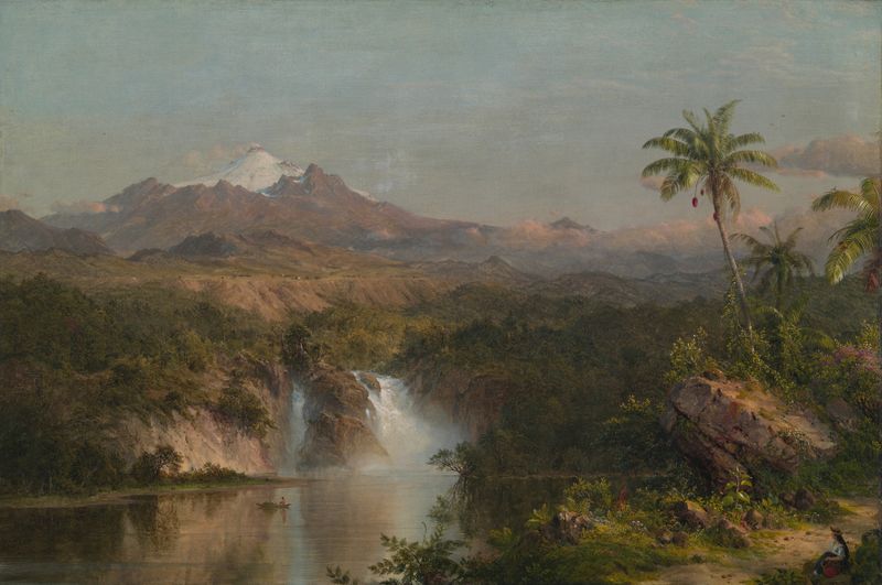 View of Cotopaxi, pintura a óleo de Frederic Edwin Church, apresentando uma montanha coberta de neve ao pôr do sol.