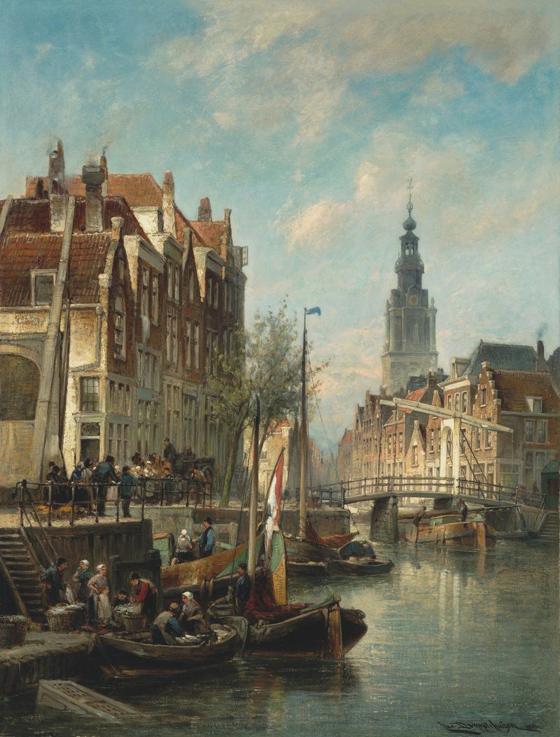 Figures and ships on an Amsterdam canal, oil on canvas by Cornelis Christiaan Dommelshuizen