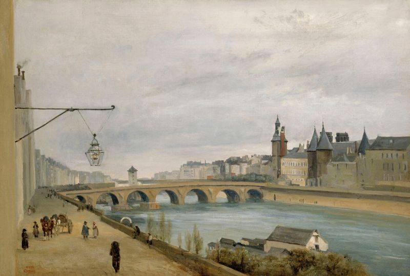Le Pont au Change, vu du quai de Gesvres de Jean-Baptiste-Camille Corot, óleo de un puente sobre un río.