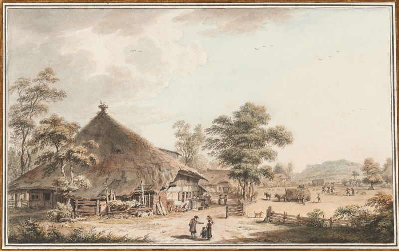 Acuarela de Johann Ludwig Aberli que representa una casa de campo en un paisaje sereno.