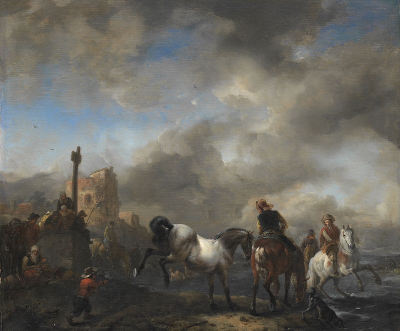Horsepond near a Boundary Stone, oil on canvas by Philips Wouwerman