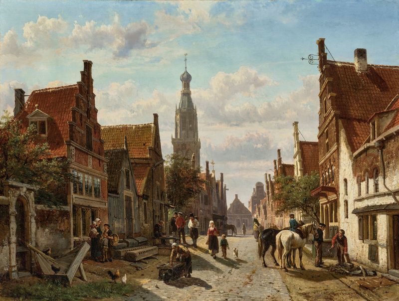 De Vijzelstraat te Enkhuizen de Cornelis Springer, óleo sobre lienzo que muestra una encantadora escena callejera.