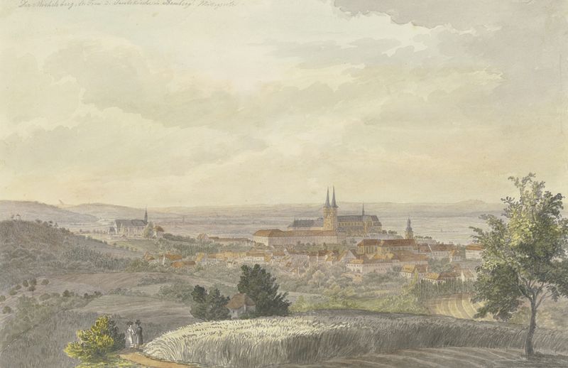 Paisagem de Bamberg com colinas e torres de Johann Adam Klein, pintura a óleo.