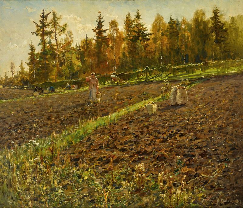 Os Coletadores de Batatas de Julius Sergius Klever, pintura a óleo que retrata o trabalho rural.
