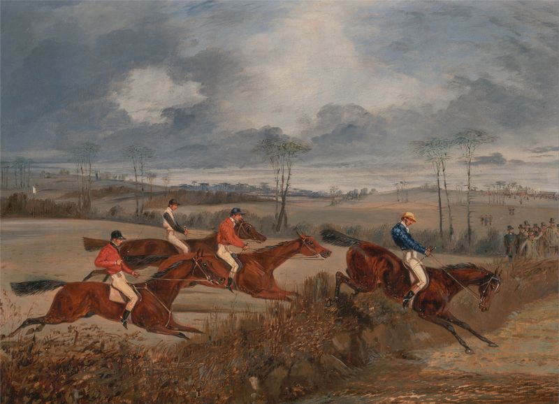 Genre scene of a horse race over a hedge, oil on canvas by Henry Thomas Alken