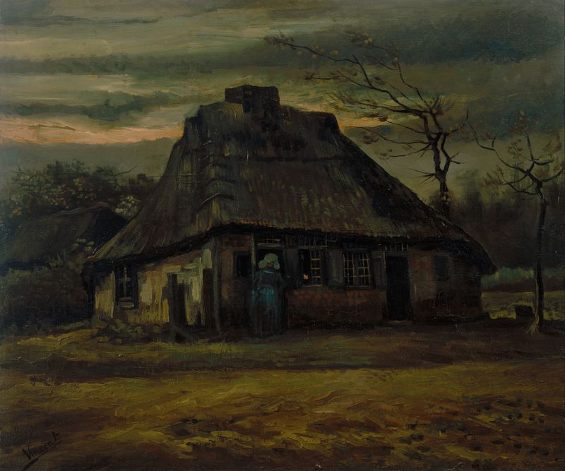 La Cabaña de Vincent van Gogh, óleo sobre lienzo, muestra una cabaña rural rodeada de colinas onduladas.