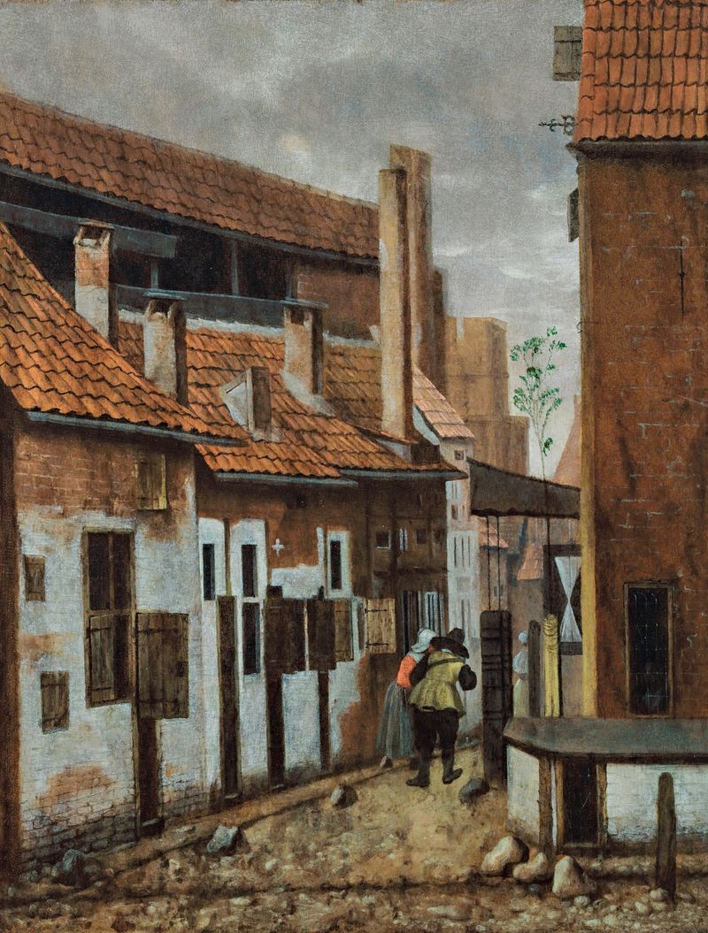 Uma cena de rua com figuras, óleo sobre painel de Jacobus Vrel