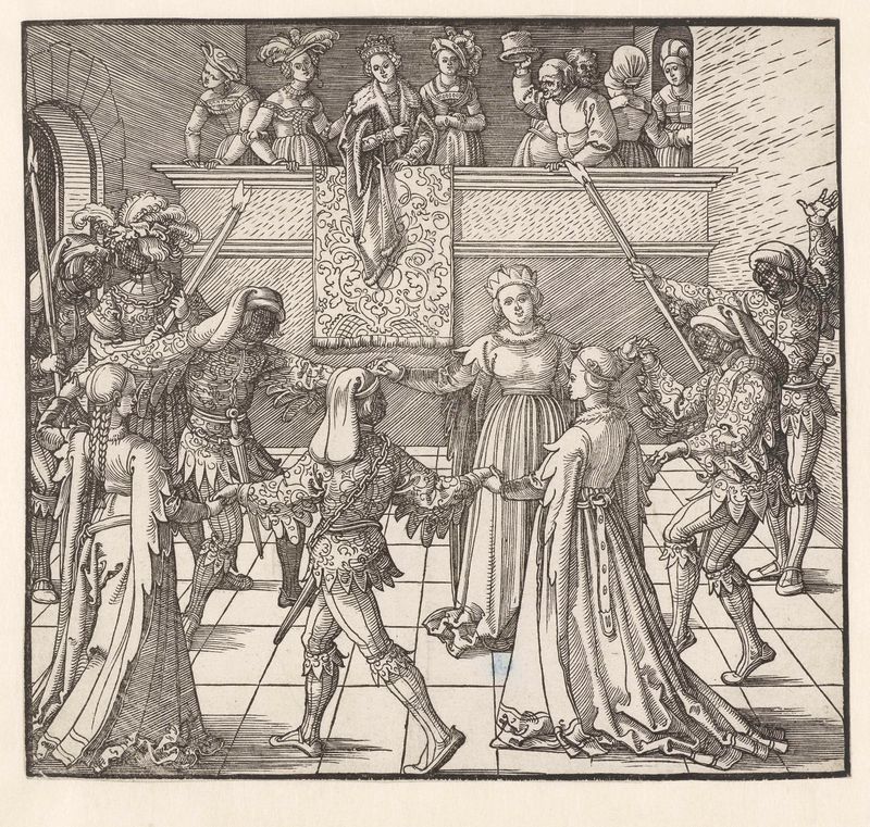 Fakkeldans de Albrecht Dürer, grabado en papel que muestra figuras bailando con antorchas