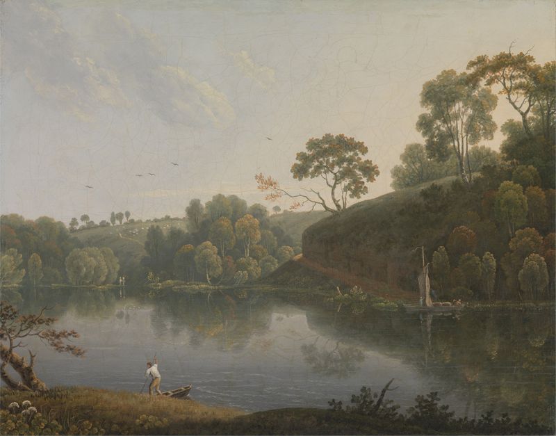 Paisagem com um lago e barcos, óleo sobre tela de Thomas Wright