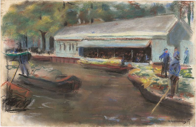 Escena de género de un mercado con verduras, pintura al óleo de Max Liebermann