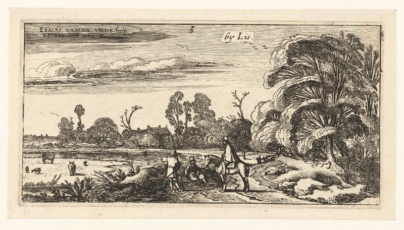 Ruiter en wandelaars op een weg bij Lisse, gravura de Esaias van de Velde