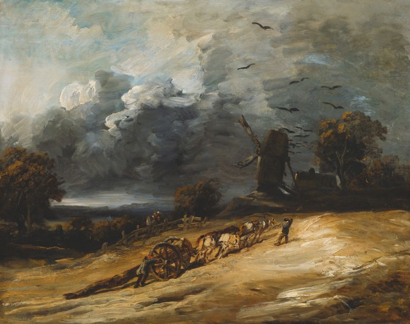 Paisaje de una tormenta con nubes en remolino y luz solar de Georges Michel, óleo