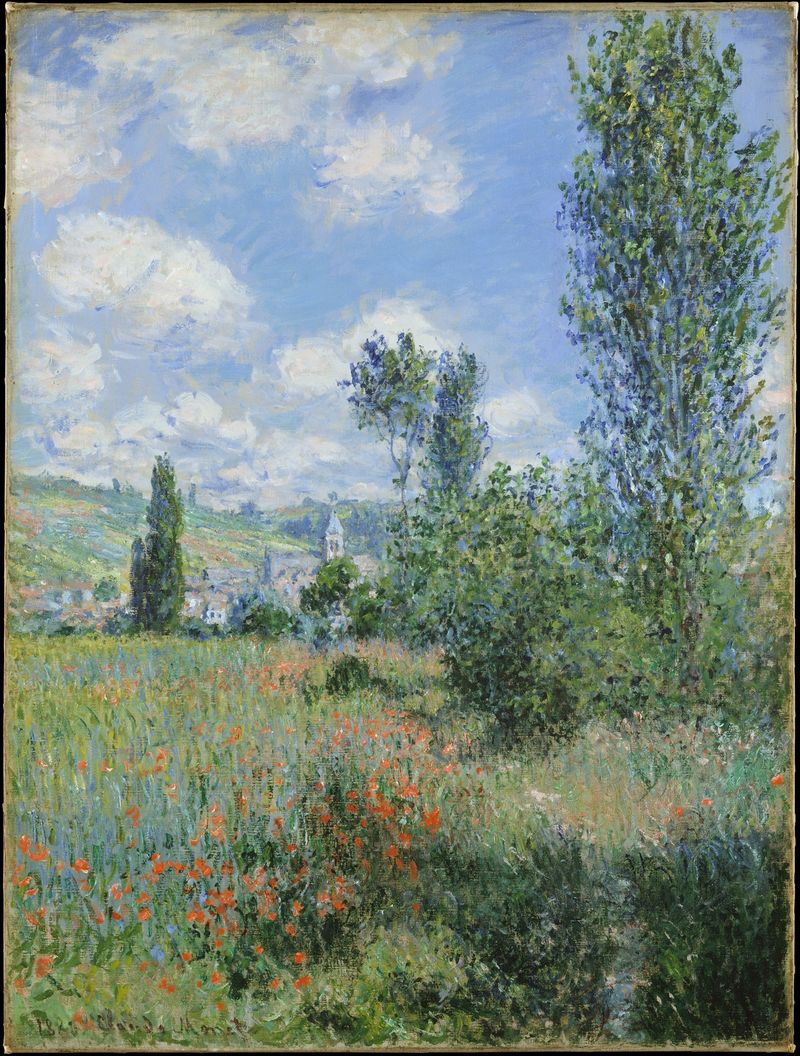 View of Vétheuil by Claude Monet, oil on canvas depicting a tranquil river landscape.