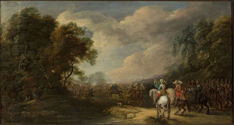 Historical oil painting by Pieter Meulener depicting a chaotic battle scene.