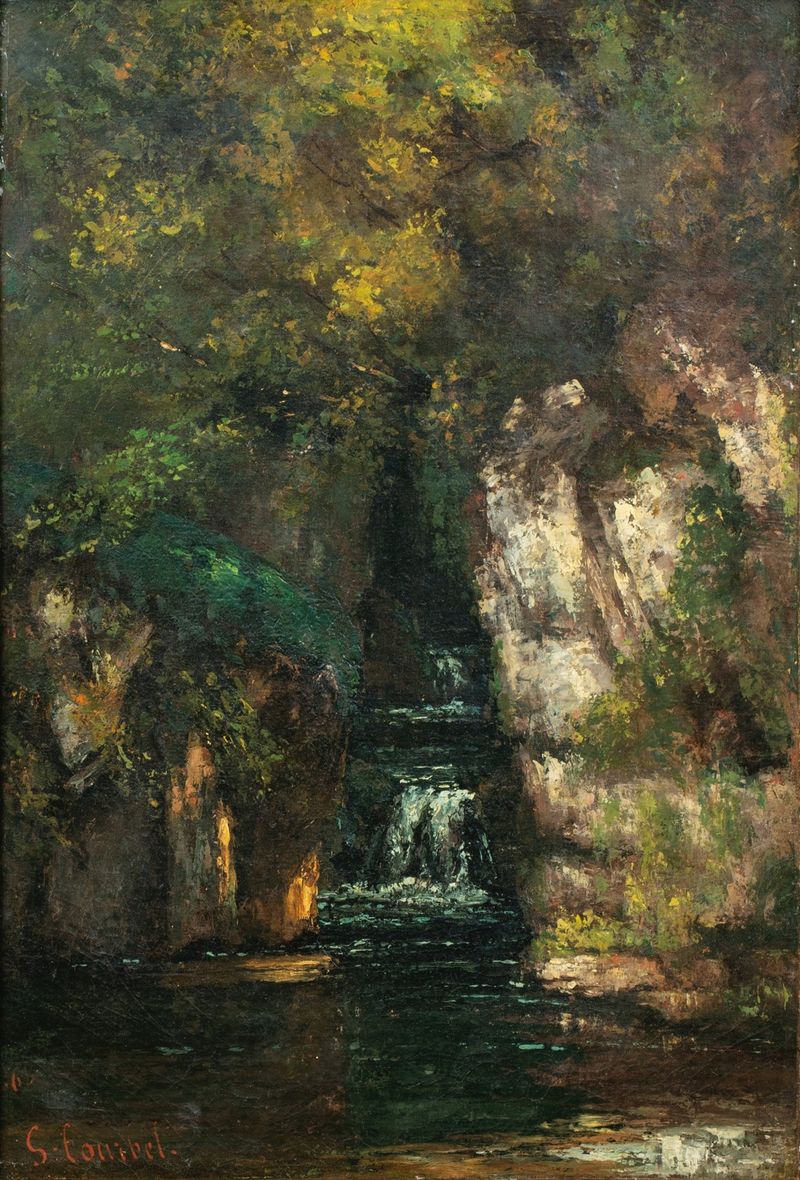 A Waterfall Near Ornans de Gustave Courbet, óleo sobre tela retratando uma cachoeira e uma floresta
