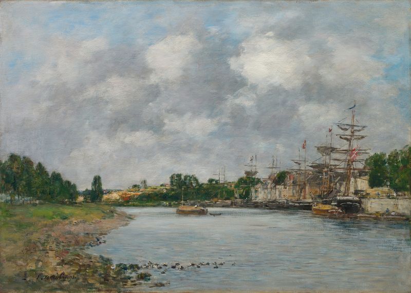 View of the Port of Saint-Valéry-sur-Somme, óleo sobre tela de Eugène Boudin, apresentando veleiros e água calma.