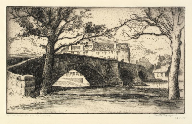 Musselburgh Bridge, Edinburgh de Bertha Jaques, Impressionismo, retratando uma paisagem serena com reflexos na água.