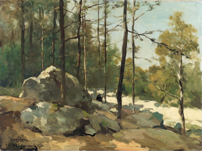 Wooded View near Barbizon, óleo sobre tela de Johan Hendrik Weissenbruch, retratando uma cena florestal tranquila.
