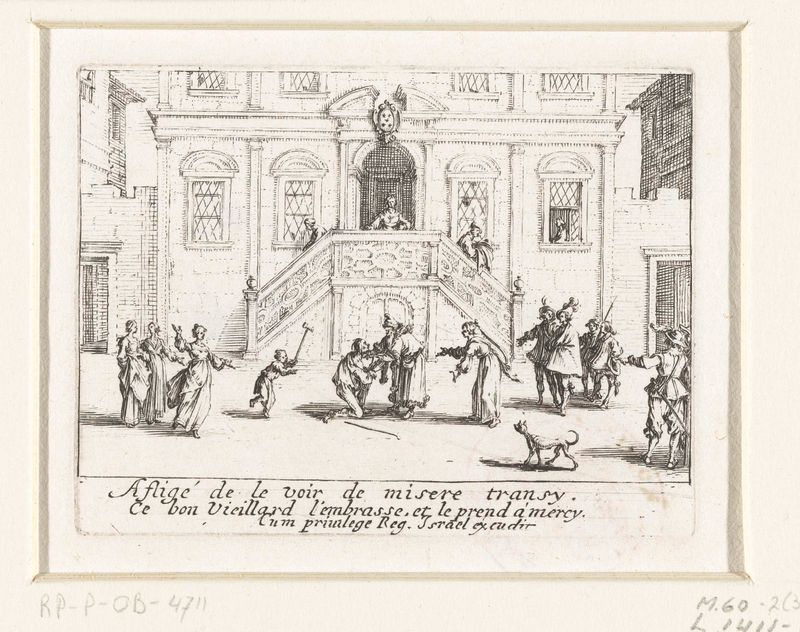 Gravura de Jacques Callot retratando o filho que retorna com expressão emocional.