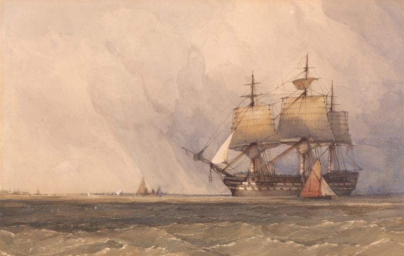 Coast Scene with Shipping, oil on canvas by Charles Bentley showing a serene marine landscape.