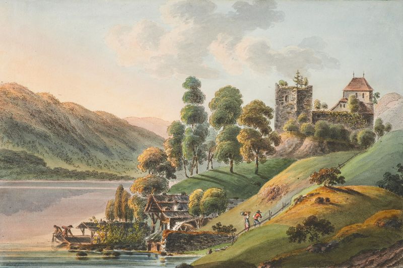 Landscape view of Ringenberg Castle at Lake Brienz by Jakob Samuel Weibel
