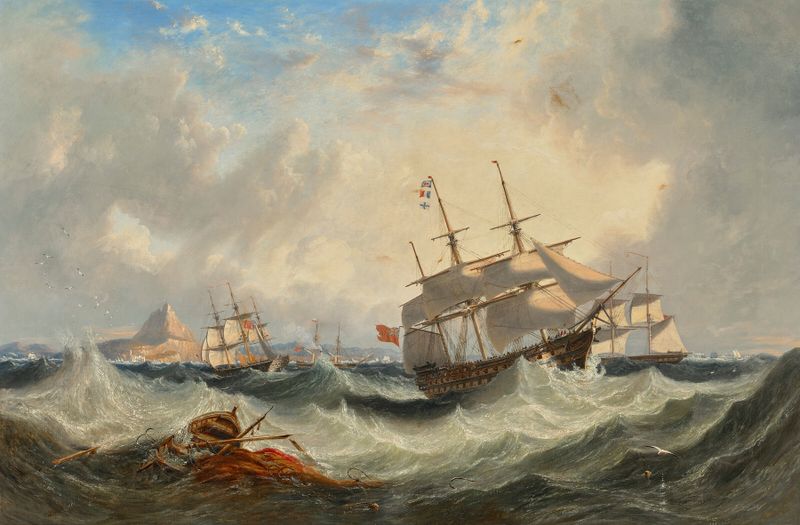 Marine scene with a ship and waves, oil painting by John Wilson Carmichael