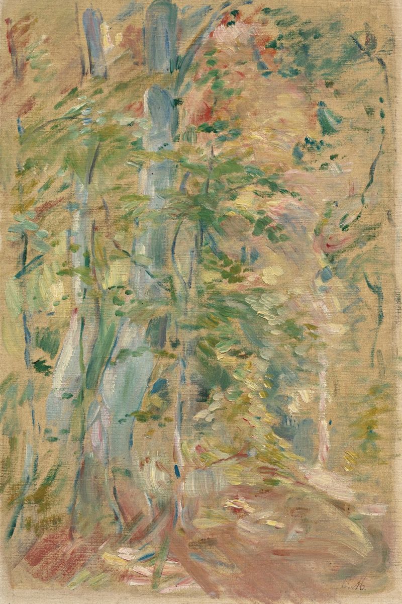 Escena de bosque con luz filtrada, pintura al óleo de Berthe Morisot