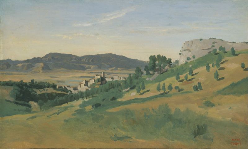 Paisaje con un camino a través de la vegetación de Jean-Baptiste-Camille Corot, pintura al óleo