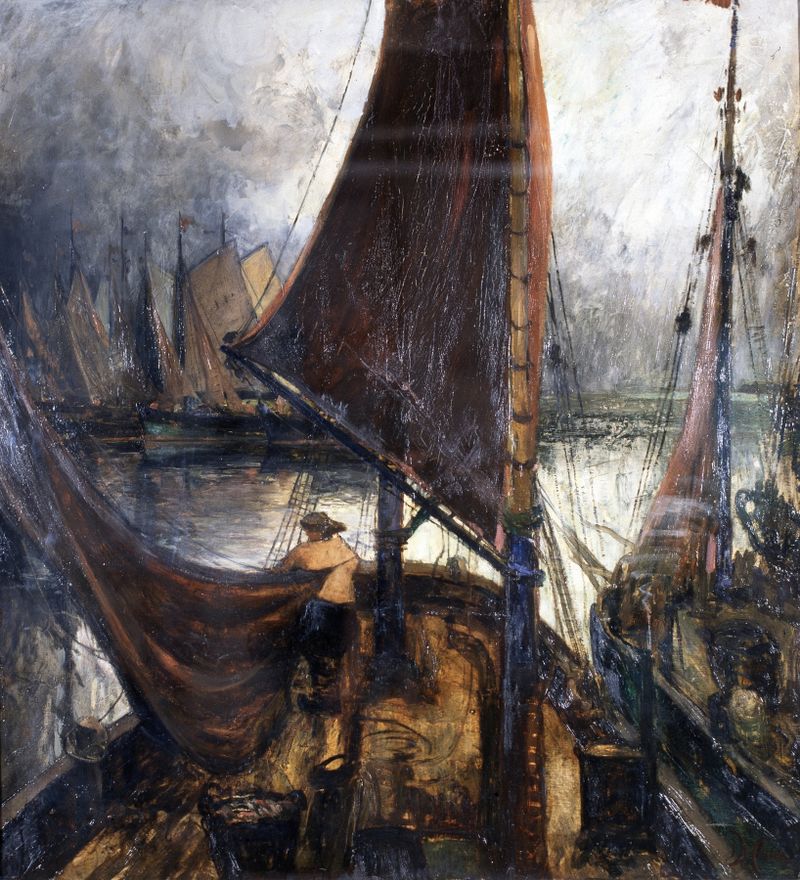 Vissersboten de Jozef De Coene, óleo sobre lienzo que muestra barcos en el agua.