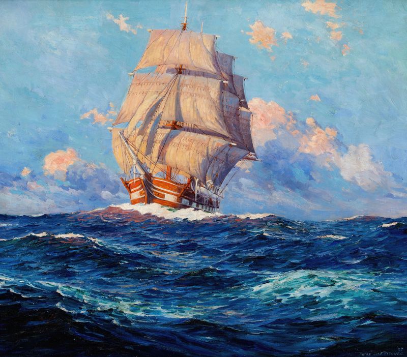 Marine by Anton Otto Fischer, oil painting depicting dynamic waves and the ocean.