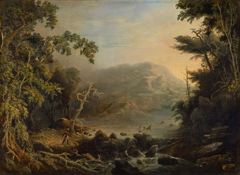 The Moose Hunter by Charles Codman, oil on canvas, features a lone figure with a rifle in a tranquil wilderness.