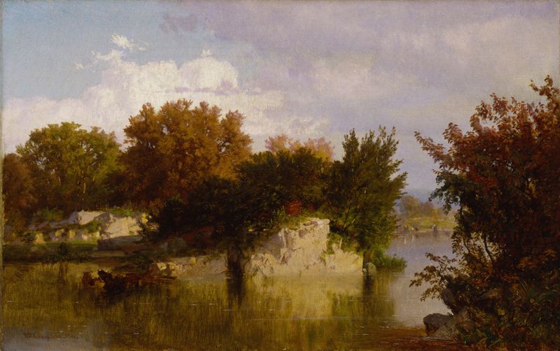 Árvores ao longo do riacho no outono, pintura a óleo de William Trost Richards, com folhagem de outono e um riacho sereno.