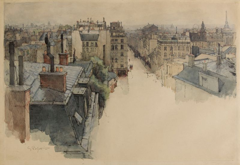 Paisaje de París al amanecer, pintura al óleo de Eugène Béjot