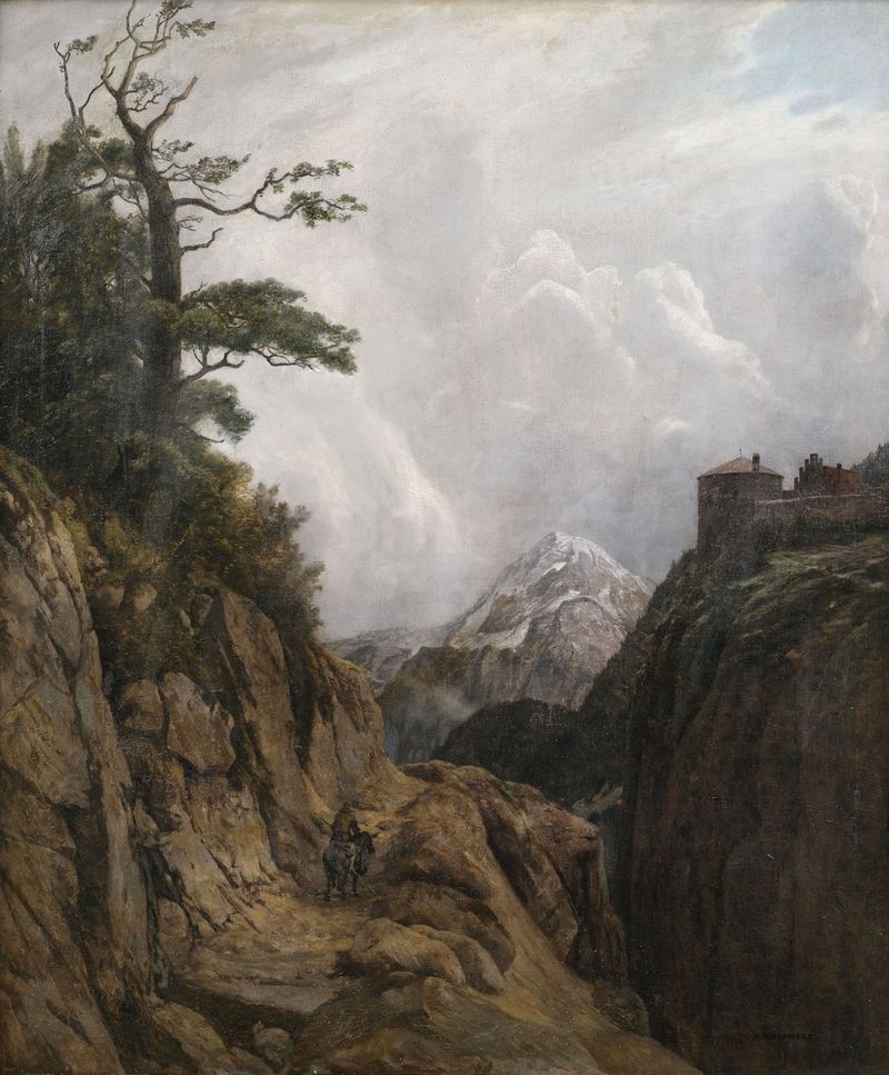 Eselreiter in Hochgebirgslandschaft de August Holmberg, óleo sobre lienzo con un jinete y montañas.